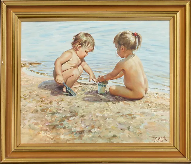 ARNE BARK. Lekande barn vid strandkant, olja på duk,signerad och daterad-76.