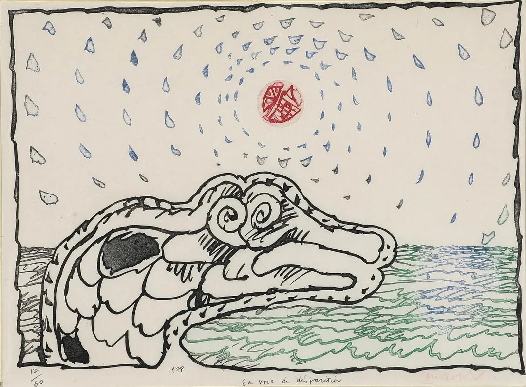 “En voie de disparition”. Signed Alechinsky 1978, 17/60. Aquatint and etching in colours on Japan paper. Visible size 56×76 cm. — Modern Prints/CoBrA — Bruun Rasmussen