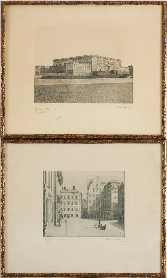 GUSTAF ISANDER (1863-1929) "Stortorget sommardag" samt "Kungliga slottet Stockholm", gravyrer, signerade Gustaf Isander en daterad 1921.