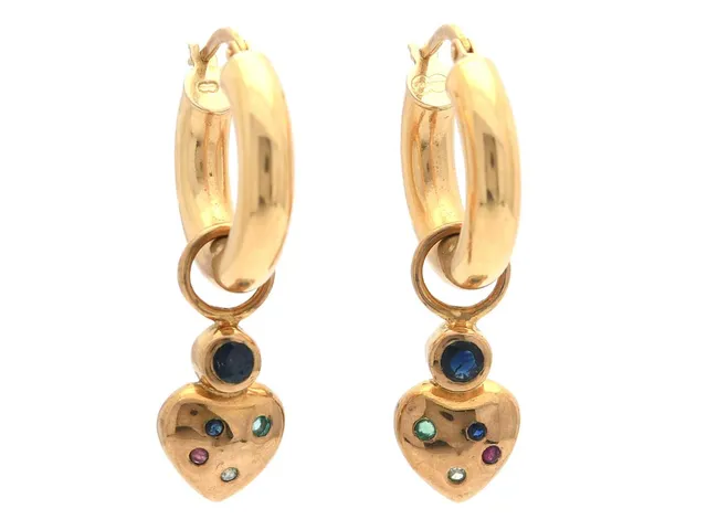 ÖRHÄNGEN, 18K guld, påhängen med safirer,smaragder, rubiner, diamanter, höjd med påhängen 34 mm, vikt 4,4 g, nagg och slitna fasetter på flertalet av stenarna.