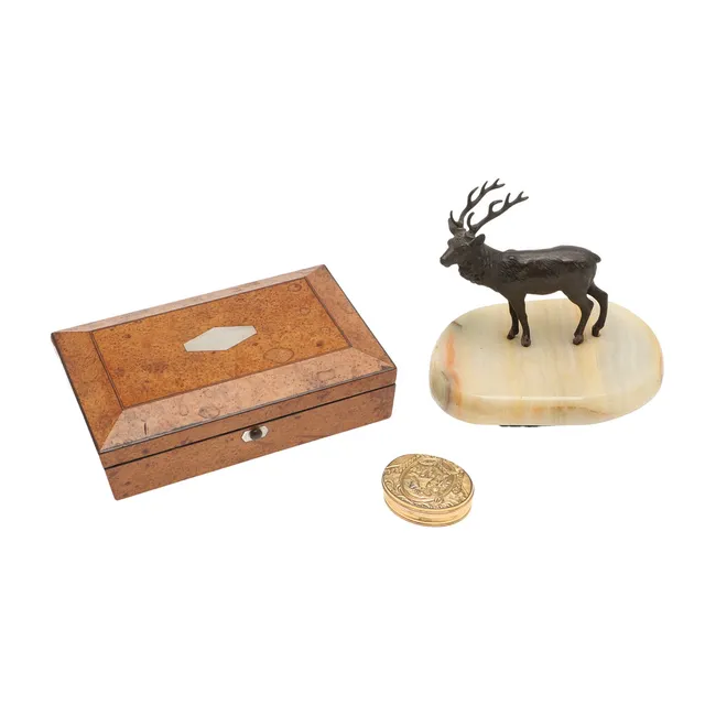 19THC CASED SEWING BOX & GILT METAL BOX.