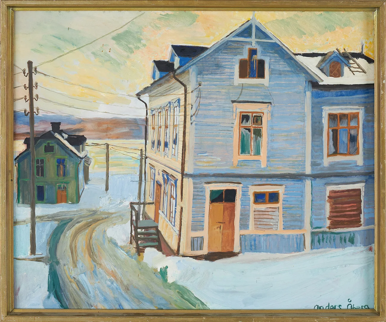 ANDERS ÅBERG. Hus i vinterlandskap, olja på pannå, signerad. — Paintings — Stockholms Auktionsverk Sickla