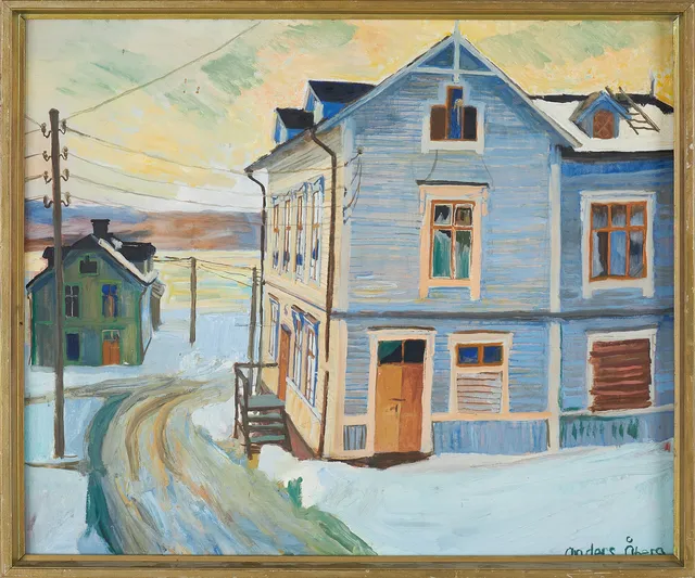 ANDERS ÅBERG. Hus i vinterlandskap, olja på pannå, signerad.