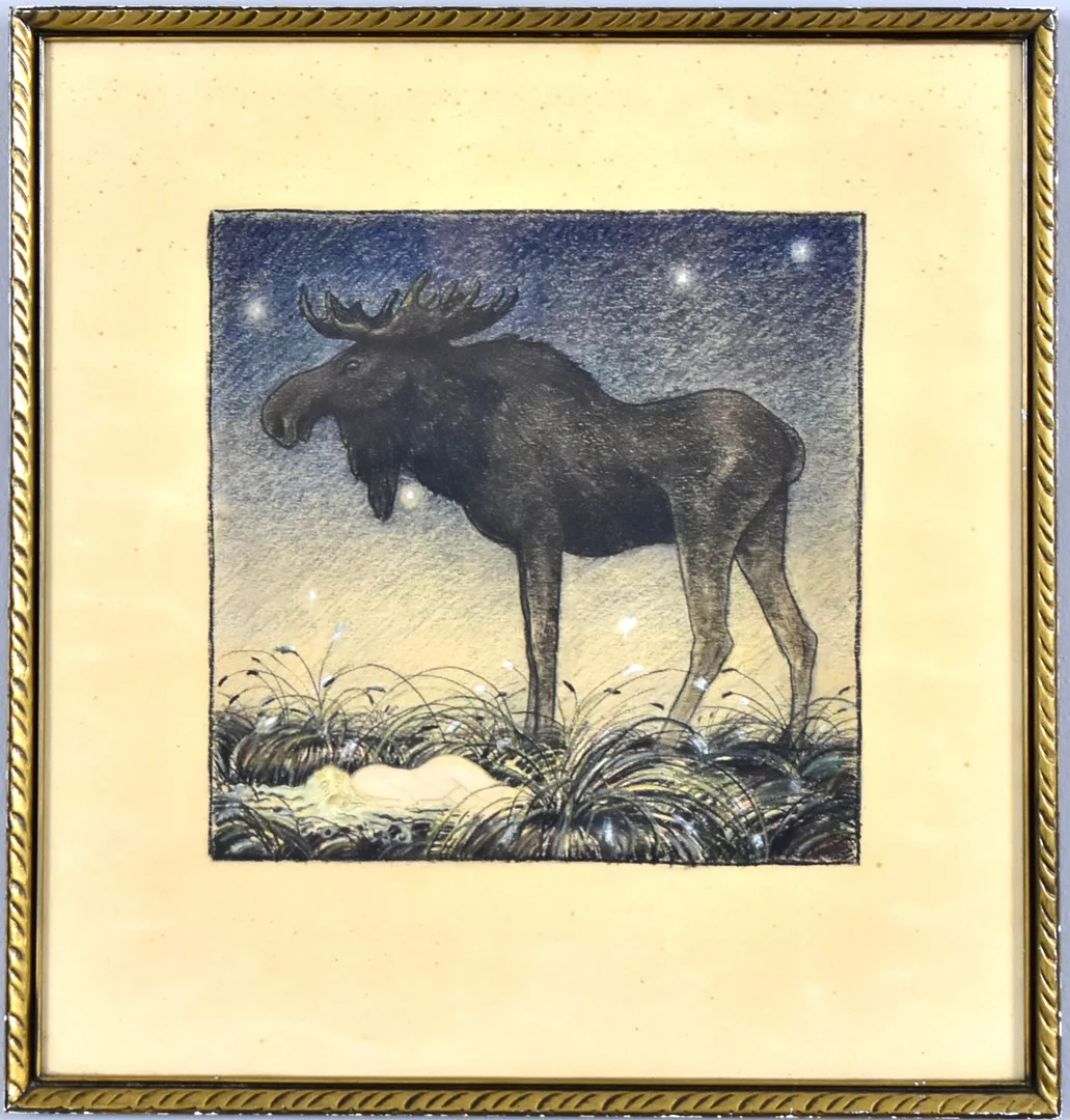 JOHN BAUER. EFTER. pastell, älgtjuren Skutt och Prinsessan Tuvstarr. — Drawings — Halmstads Auktionskammare