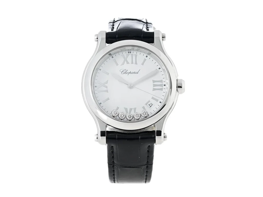 CHOPARD, Happy Sport, Serie nr. 1981119, Ref nr. 278582-3001, Boett nr. 8582, damur, 36 mm, stål, quartz, safirglas, datum, diamanter (5 st. TW/IF-VVS, 0,24 ctv), krona med safir (0,10 ct), läderband (se fördjupad information), originalspänne i stål, cert, maj 2023, box, ytterkartong. — Klockor/Chopard — Kaplans