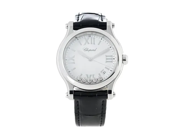 CHOPARD, Happy Sport, Serie nr. 1981119, Ref nr. 278582-3001, Boett nr. 8582, damur, 36 mm, stål, quartz, safirglas, datum, diamanter (5 st. TW/IF-VVS, 0,24 ctv), krona med safir (0,10 ct), läderband (se fördjupad information), originalspänne i stål, cert, maj 2023, box, ytterkartong.