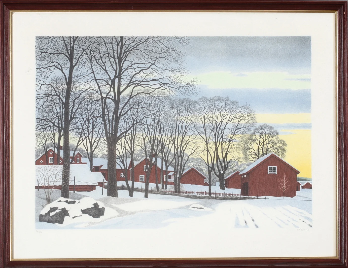 CARIN AX. Gårdsmotiv, färglitografi, signerad och numrerad 36/360. — Engravings & Prints — Stadsauktion Sundsvall