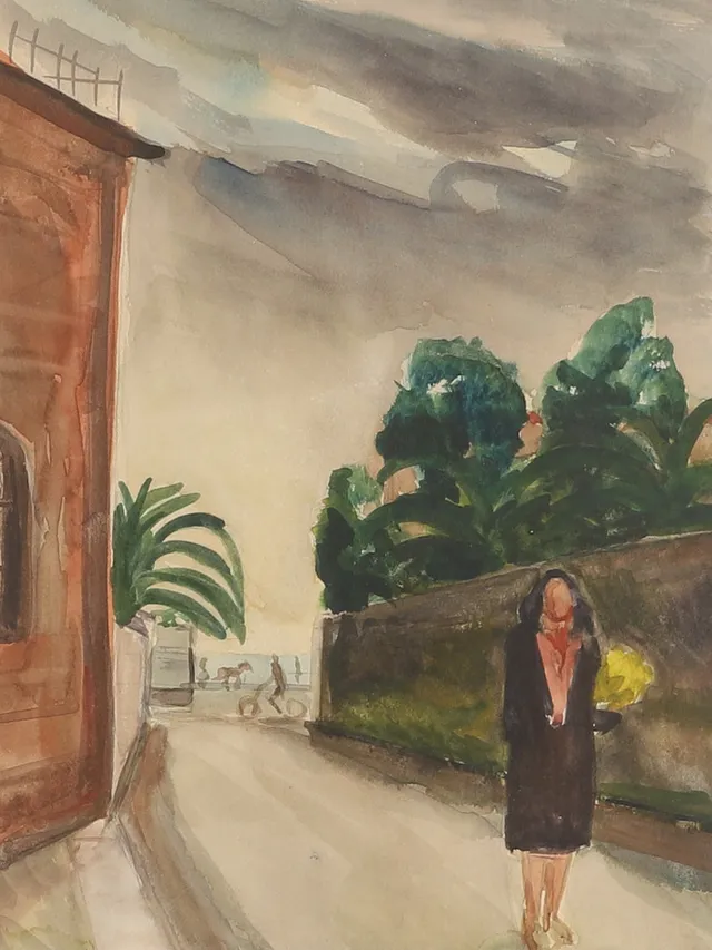 ÅKE LILJESON. Gouache, Sydländskt stadsmiljö med kvinna, intyg a tergo.
