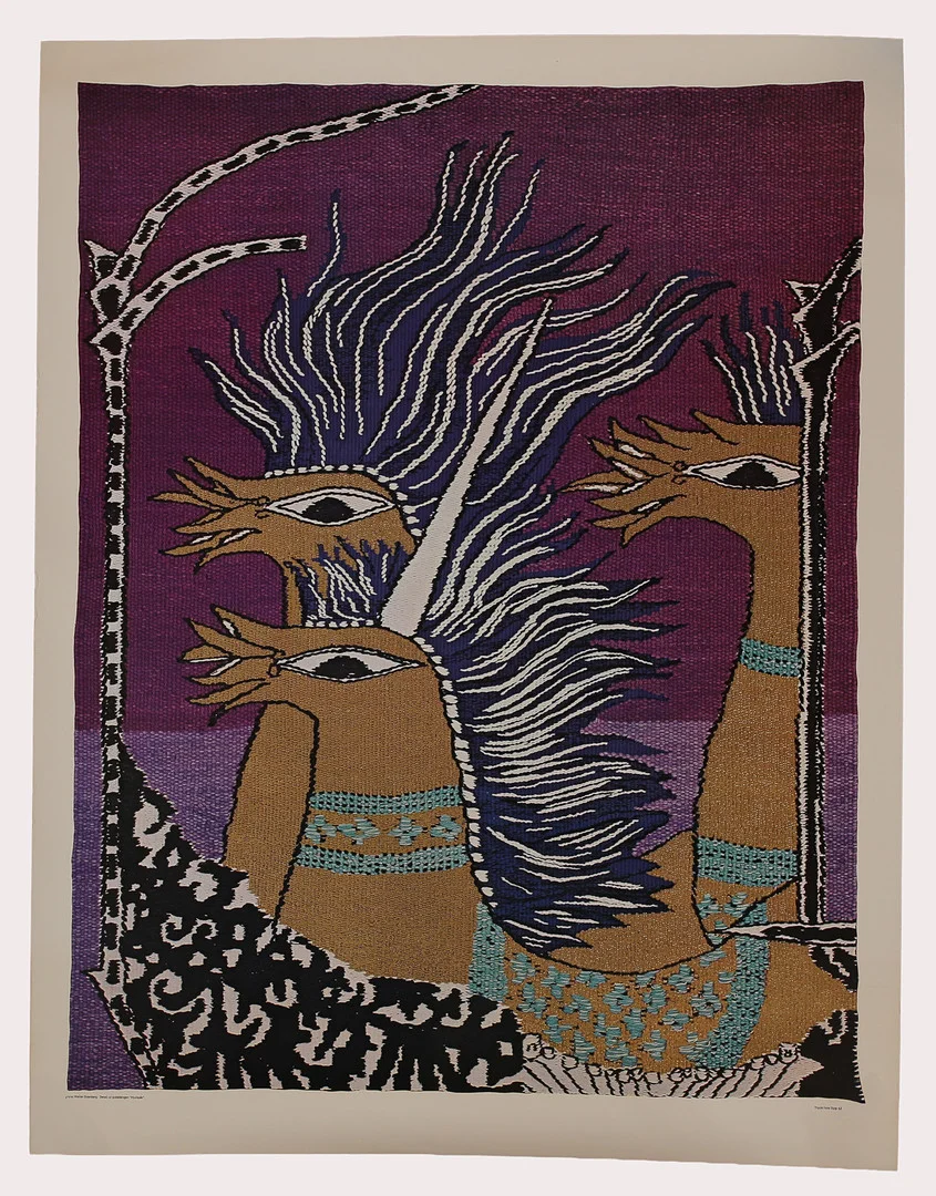 MAX WALTER SVANBERG. offsettryck med guldprägling, Detalj ur gobeläng "Hjulspår". — Engravings & Prints — Limhamns Auktionsbyrå