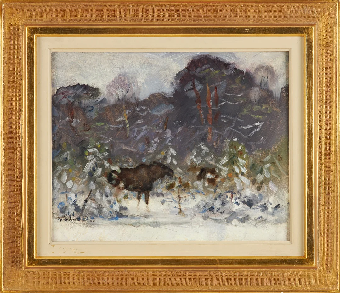 LINDORM LILJEFORS. Vinterlandskap med älg, olja på pannå, signerad Lindorm L, daterad -65. — Paintings — Stockholms Auktionsverk Sickla