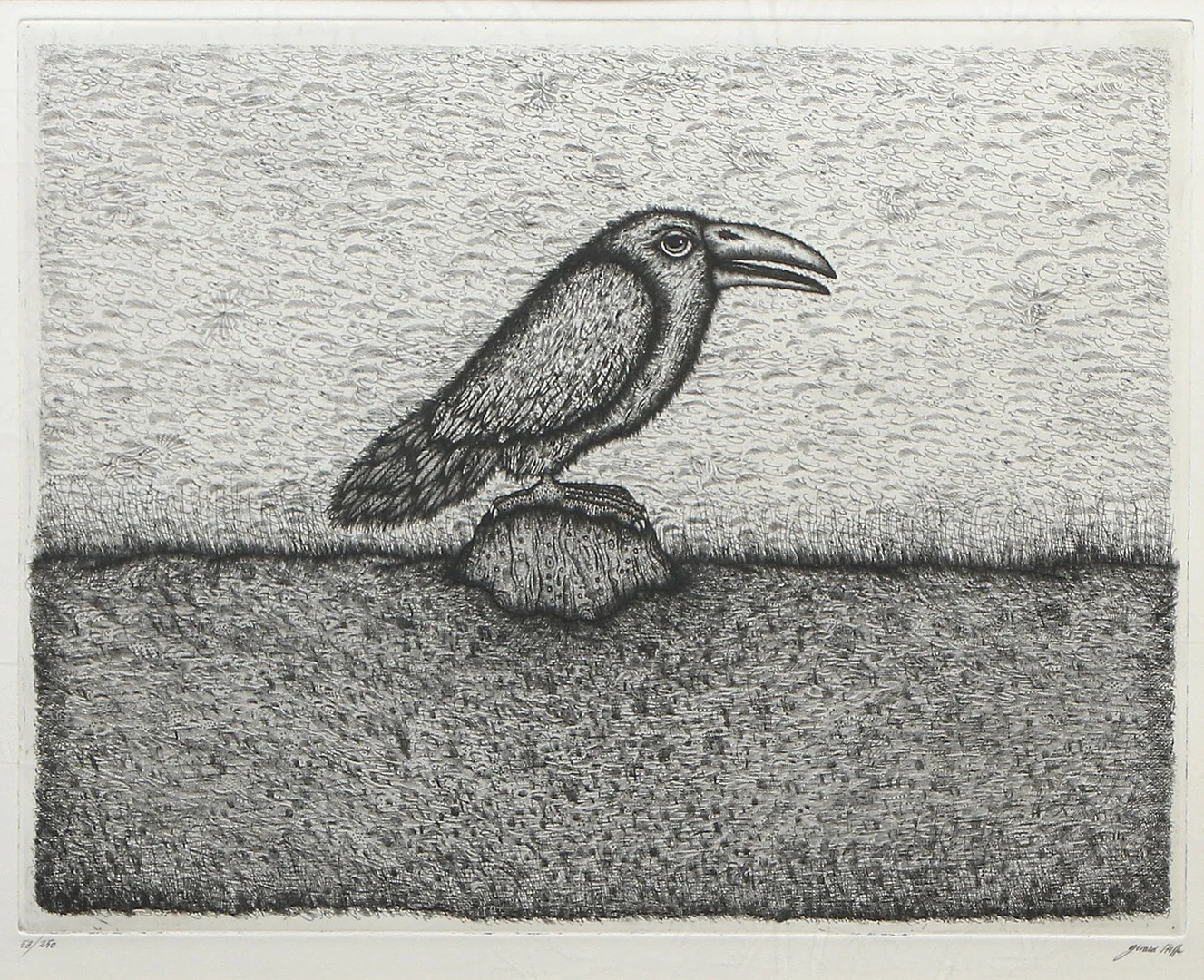 GERALD STEFFE. Etsning, 58/250. Komposition med fågel. Signerad. — Engravings & Prints — Skånes Auktionsverk