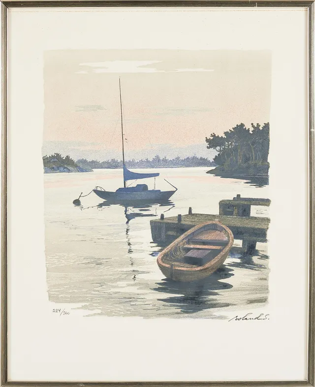 ROLAND SVENSSON (1910-2003): Sommarnatt Tornö, signerad, roland S, 283/360, färglitografi.