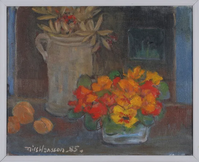 NILS HANSSON. "Stilleben med krasseblommor", olja på duk, signerad och daterad -85.