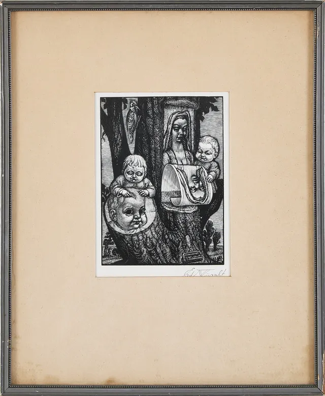 EDUARD WIIRALT. "Birth of wood engraving" (Puulõike sünd), trägravyr, signerad.