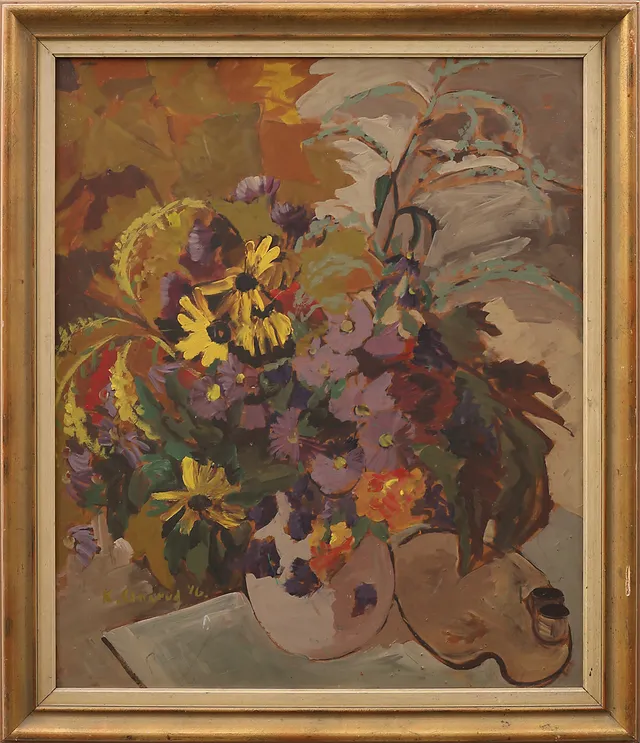 KNUT ANERUD. olja på pannå, stilleben av blommor, signerad och daterad -46.
