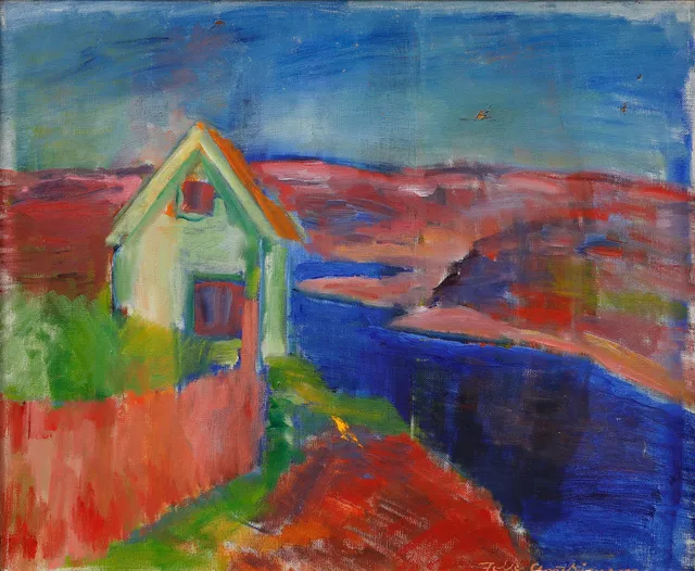 FOLKE ANDRÉASSON. "Huset, Kyrkesund". Olja på duk.