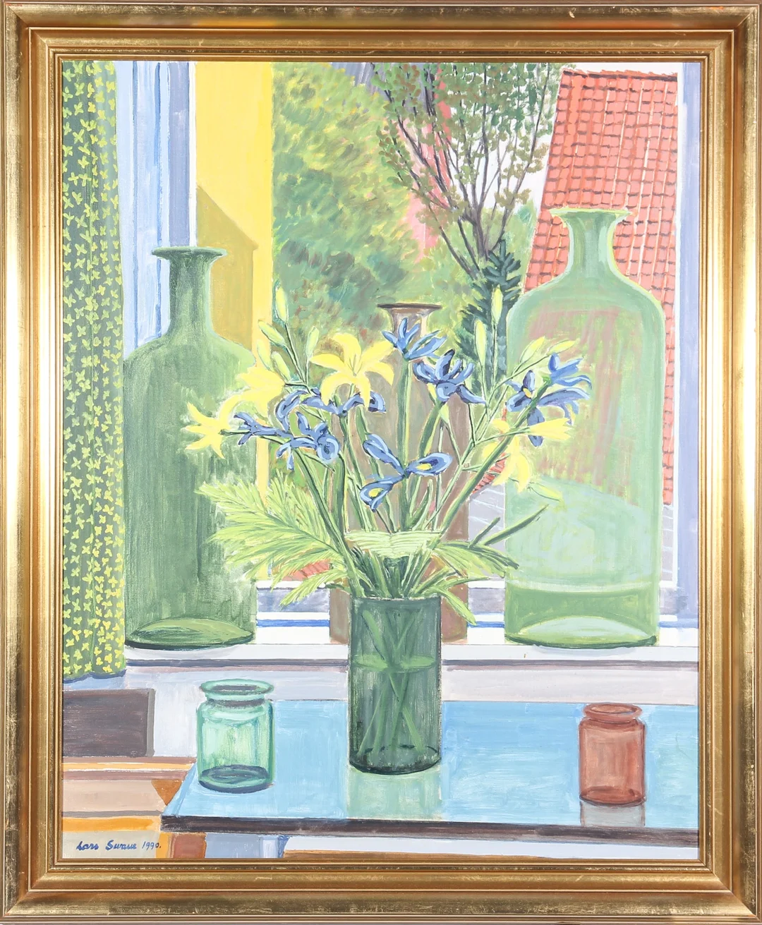 Lars Swane: Arrangement with flowers in front of a windowsill, 1990 — Paintings and sculptures/Older pictorial arts — Lauritz