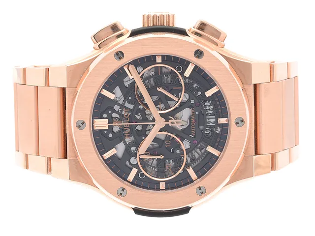 Hublot Classic Fusion Skelettskuren 18K, armbandsur, 45mm, automat, safirglas, kronograf, refnr 528.OX.0180.OX, snr 118263, länk i rose 18K, med box, ytterkartong, klockpouch, extra länkbitar, köpt på Bo Berggren Urhandel AB 2017 för 400.000kr, cert okt17