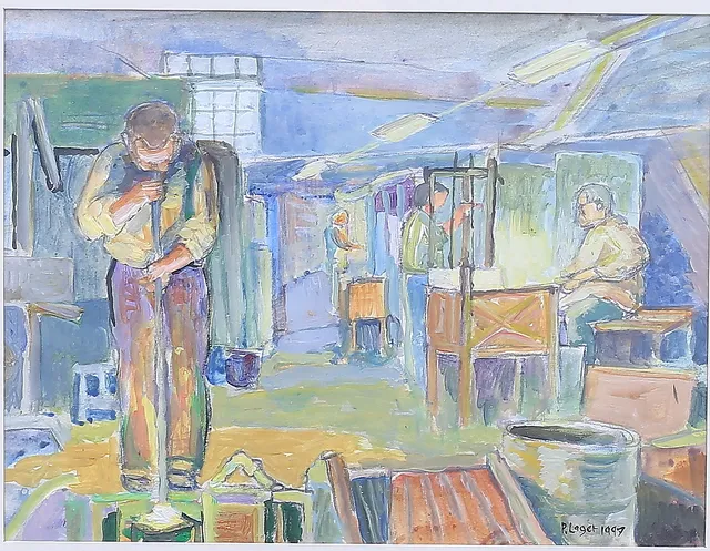 PAUL LAGER. Glasblåsare, akvarell/blandteknik.