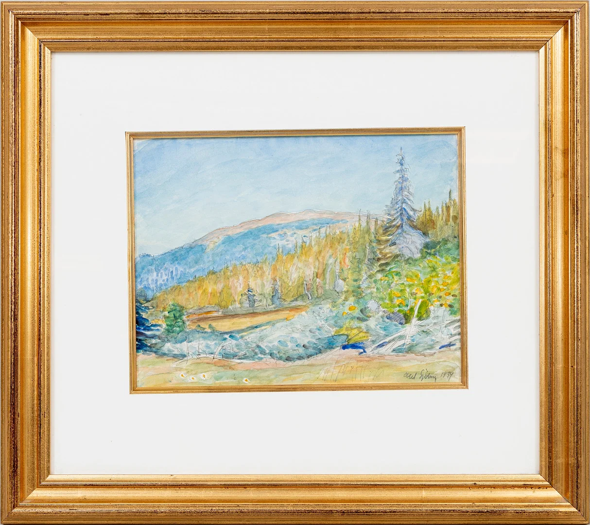 AXEL SJÖBERG (1866-1950). Landskapsmotiv, akvarell på papper, signerad, daterad 1939. — Paintings — Auktionshuset Kolonn