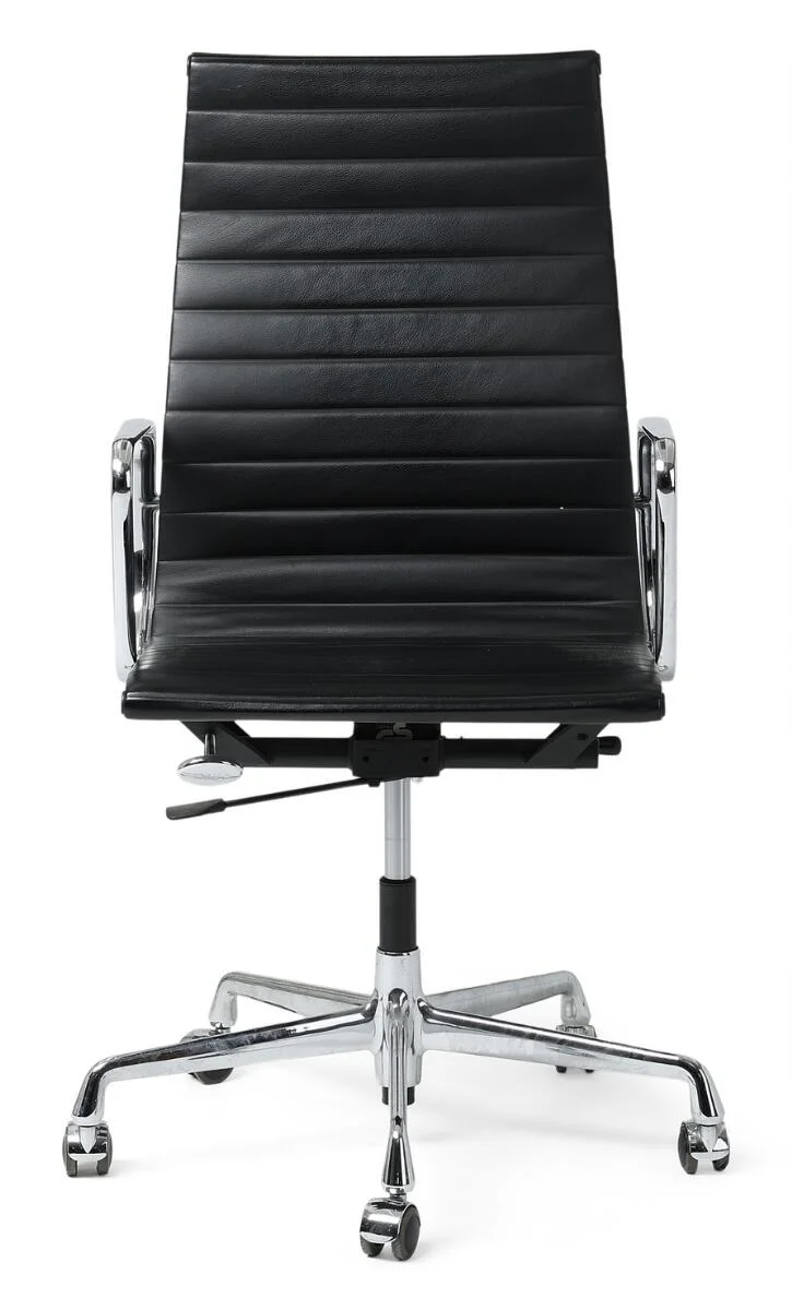 “Aluminium Group ”. An office chair with chromed aluminium frame. Seat and back upholstered with black leather. Model EA 119. Manufactured and marked by Vitra. — Modern Furniture — Bruun Rasmussen