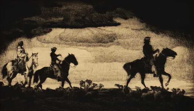 CARL OSCAR BORG (1879–1947). Ridande navajoindianer, signerad, etsning.