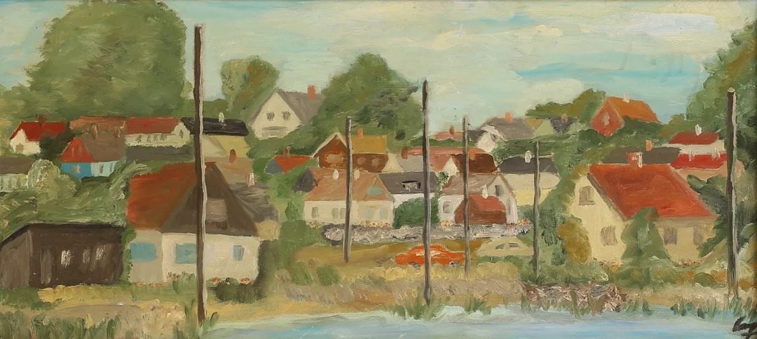 OIDENTIFIERAD KONSTNÄR, olja på duk, "Baskemölla", signerad. — Paintings — RA Auktionsverket Norrköping