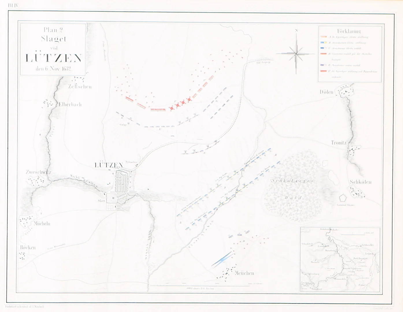KARTA, "Slaget vid Lützen den 6 Nov 1632", författad och ritad af L.Mankell, Generalstabens Lithografiska, 1800-talets andra hälft. — Books, Maps & Manuscripts — Auktionshuset Kolonn