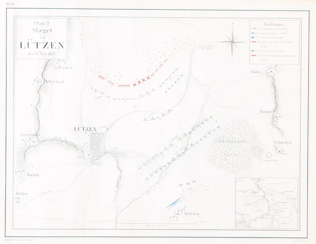 KARTA, "Slaget vid Lützen den 6 Nov 1632", författad och ritad af L.Mankell, Generalstabens Lithografiska, 1800-talets andra hälft.