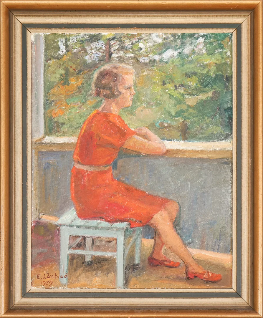 EMILIA LÖNBLAD. Porträtt, olja på pannå, signerad E. Lönblad, samt daterad 1939. — Paintings — Södermanlands Auktionsverk