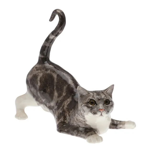 A JENNY WINSTANLEY POTTERY STRIPED GREY CAT.