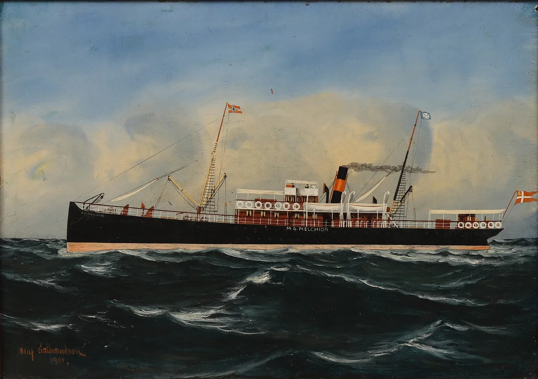 OLAF GULBRANDSEN (1873-1924). Fartygsporträtt, "M.G. Melcior", olja på pannå, signerad och daterad 1901. — Paintings — Crafoord Auktioner Malmö