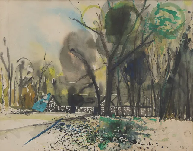 FREDRIK ROHDE. Gård i landskap, akvarell/Collage, signerad och daterad -71.