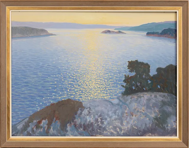 BIRGER EMANUEL HANSSON-BÖE. Vy från klippa i solnednång, olja på pannå, signerad.