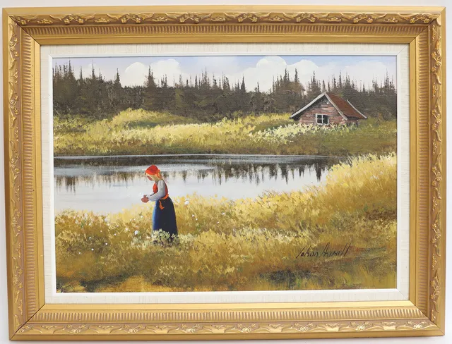 JOHAN ARVALL. Landskap med kvinna i folkdräkt, oljemålning på duk, signerad.