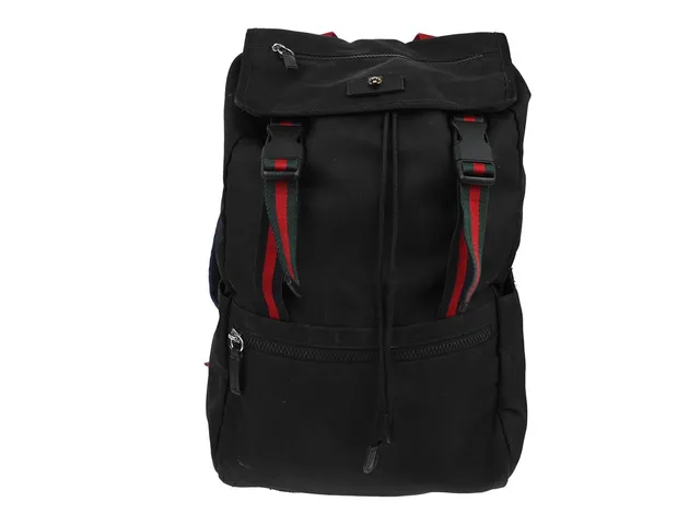 RYGGSÄCK, GUCCI, svart nylon, guldfärgade beslag, Web, grön, röd, Web, blå, röd, 30x48x10 cm, märkt 450932-467891. slitage på foder, bruksslitage.
