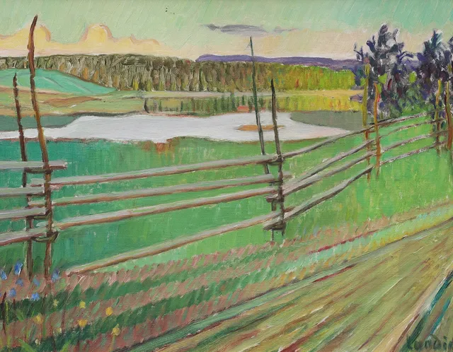 ALVAR LUNDIN. olja på pannå, Dalsländskt sommarlandskap, signerad Lundin.
