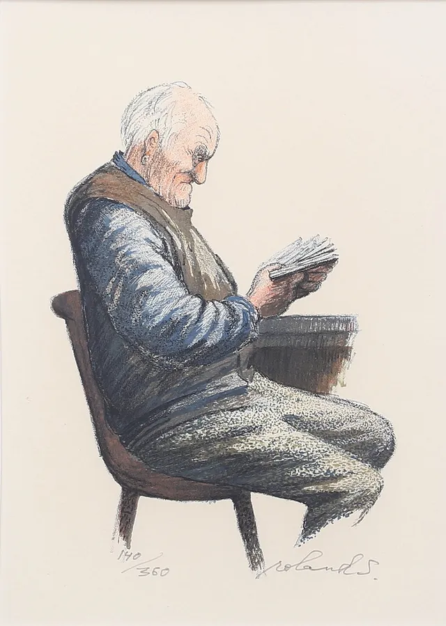 ROLAND SVENSSON. Läsande gubbe. Färglitografi, signerad och numrerad 140/360.