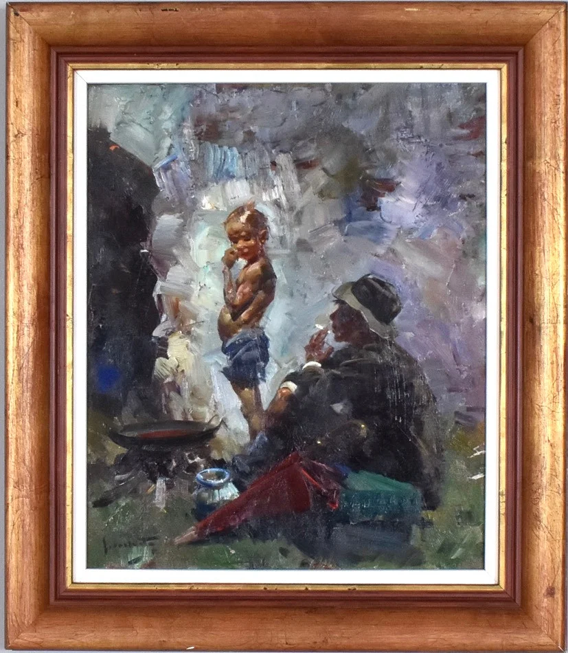 JOSEP SERRASANTA. oljemålning på duk, man och pojke vid eld. — Paintings — Halmstads Auktionskammare