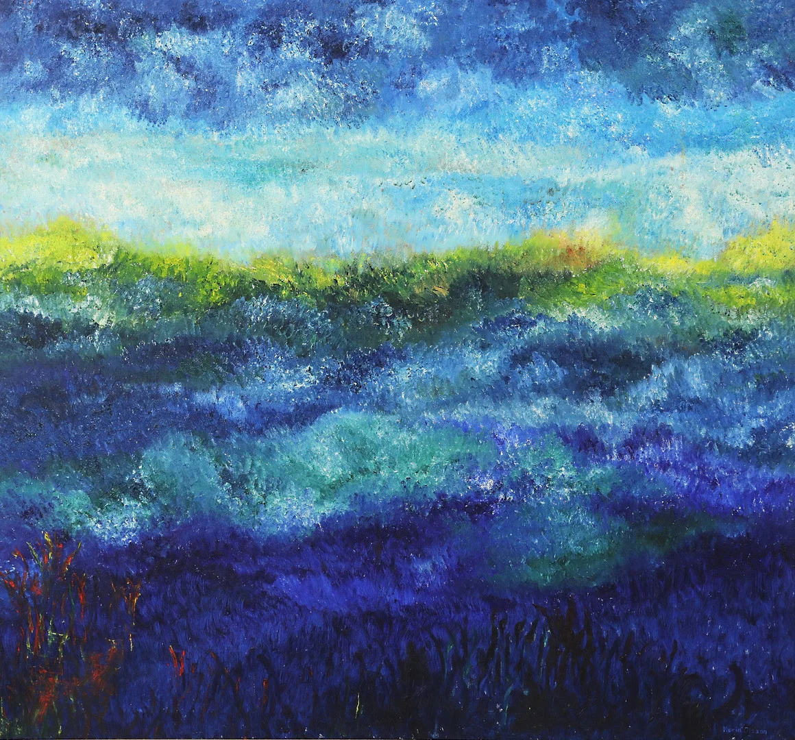 KARIN OLSSON. olja på duk, "Blått landskap", signerad och daterad 1966. — Paintings — Hälsinglands Auktionsverk