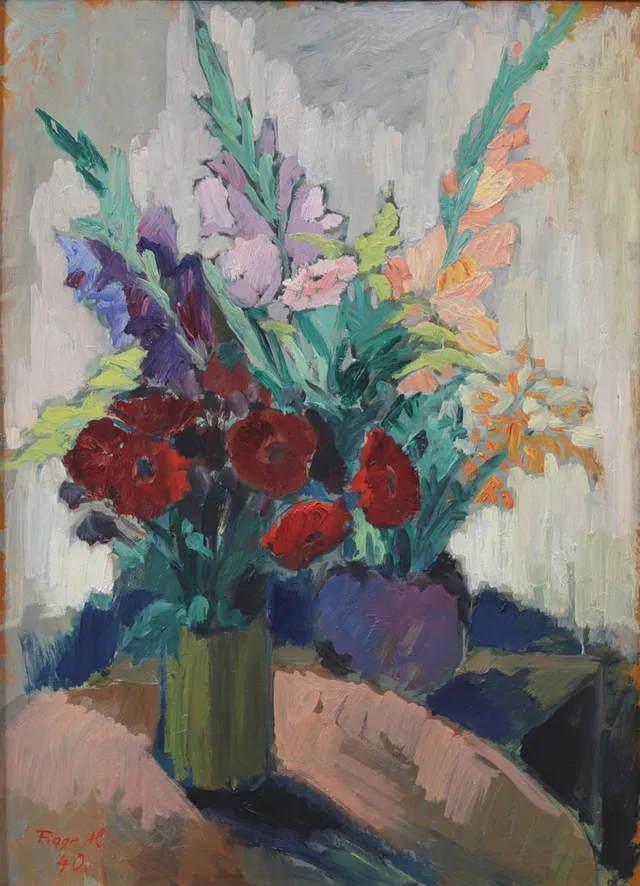 FIGGE HOLMGREN. Olja på pannå, "blomsterstilleben", Signerad och daterad.