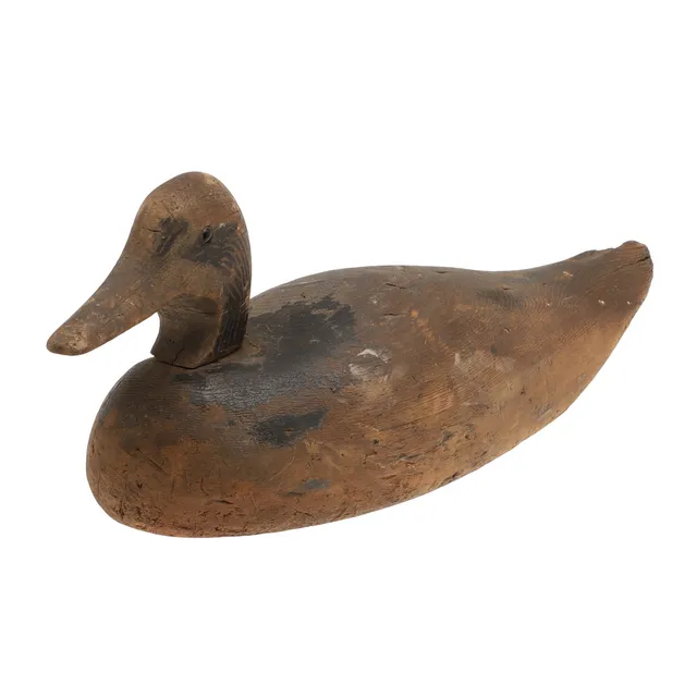 AN ANTIQUE PAINTED WOODEN DUCK DECOY.