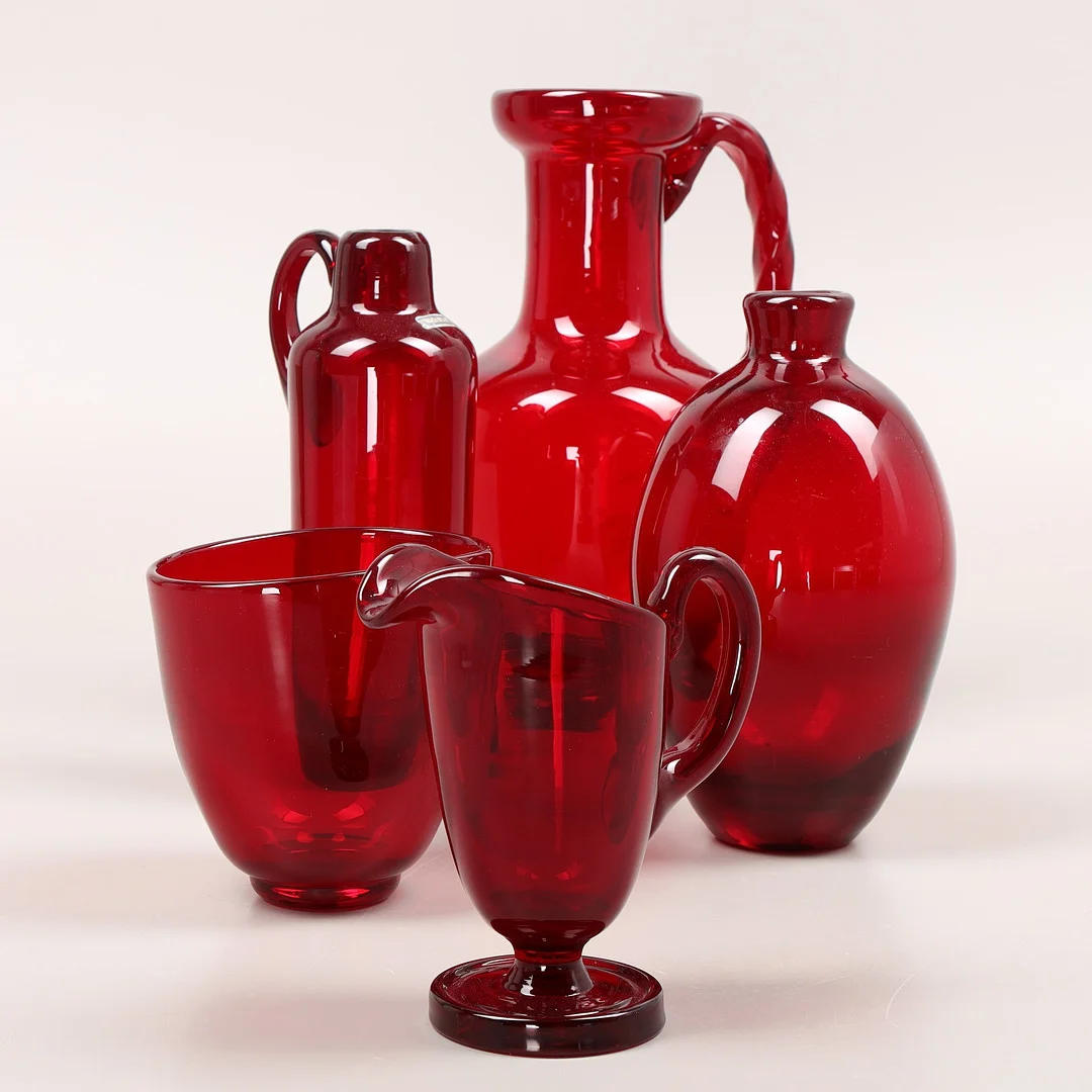 MONICA BRATT. Vaser, skål, tillbringare, 5 delar, glas, Reijmyre Glasbruk, 1950-tal. — Utility glass — Växjö Auktionskammare