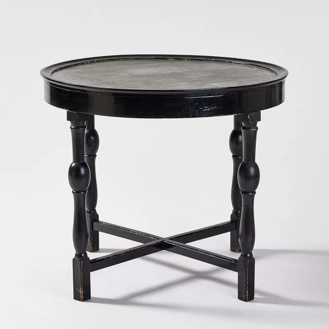 FIRMA SVENSKT TENN. Rökbord, Stockholm 1925/26, modell 254, skiva i tenn med figurscener av Nils Fougstedt, benställning i svartbonad björk utförd av Hjalmar Jackson.