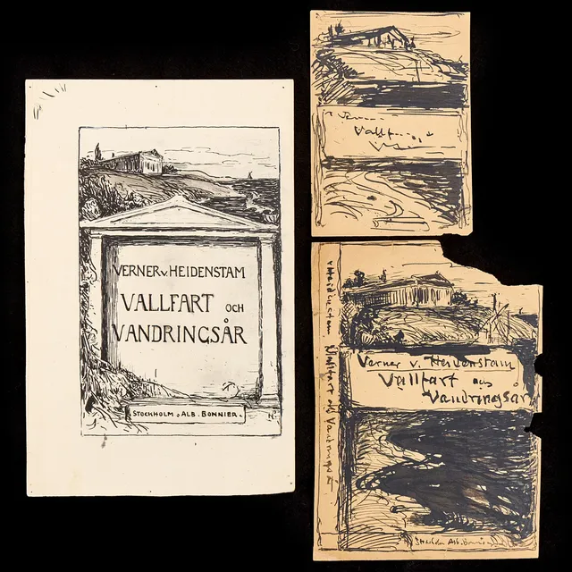 KARL NORDSTRÖM (Tjörn 1855-1923 Drottningholm). Tre förlagor till "Vallfart och vandringsår” av Verner von Heidenstam, svart tusch på kartong, respektive på papper.