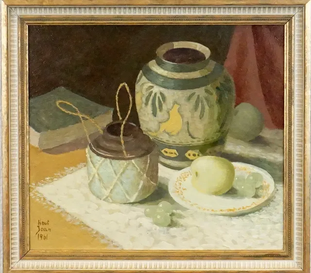 KNUT JOAN (1867-1946), olja på pannå, Vaser och frukt, signerad samt daterad 1961.