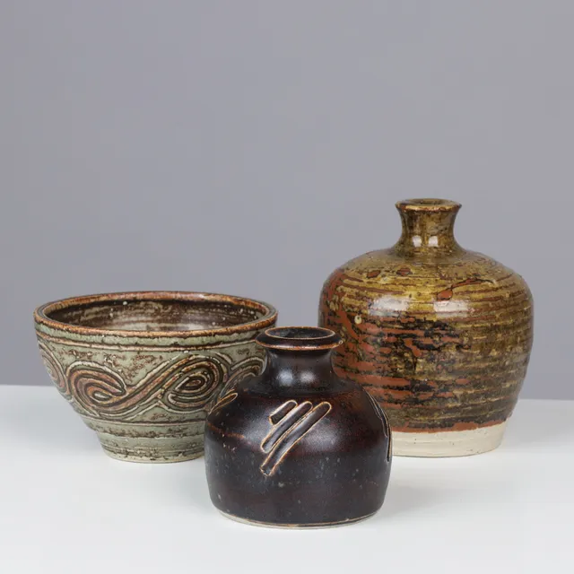 ERIK REIFF (1923-2006). Collection of two unique vases and a unique bowl in glazed stoneware, own workshop and Royal Copenhagen, Denmark, second half of the 20th century, (3).