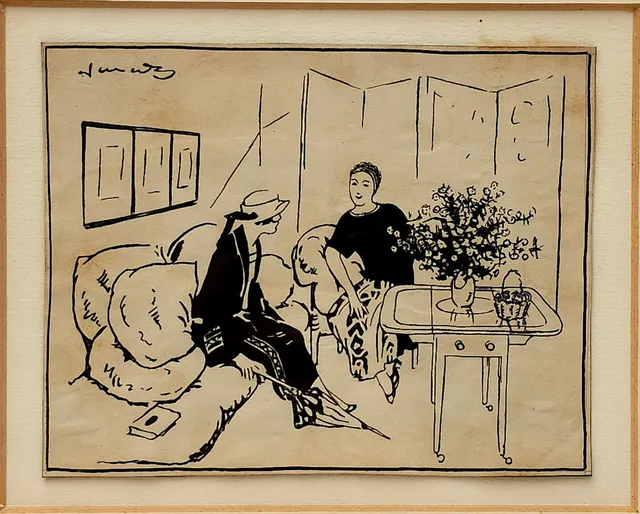 JOAN JUNCEDA. DIBUJO A TINTA " EN EL SALÓN".