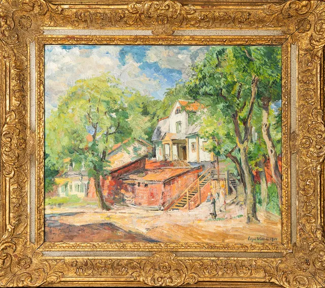 EDGAR WALLIN. Olja på duk, Hus i landskap, Signerad och daterad 1934.