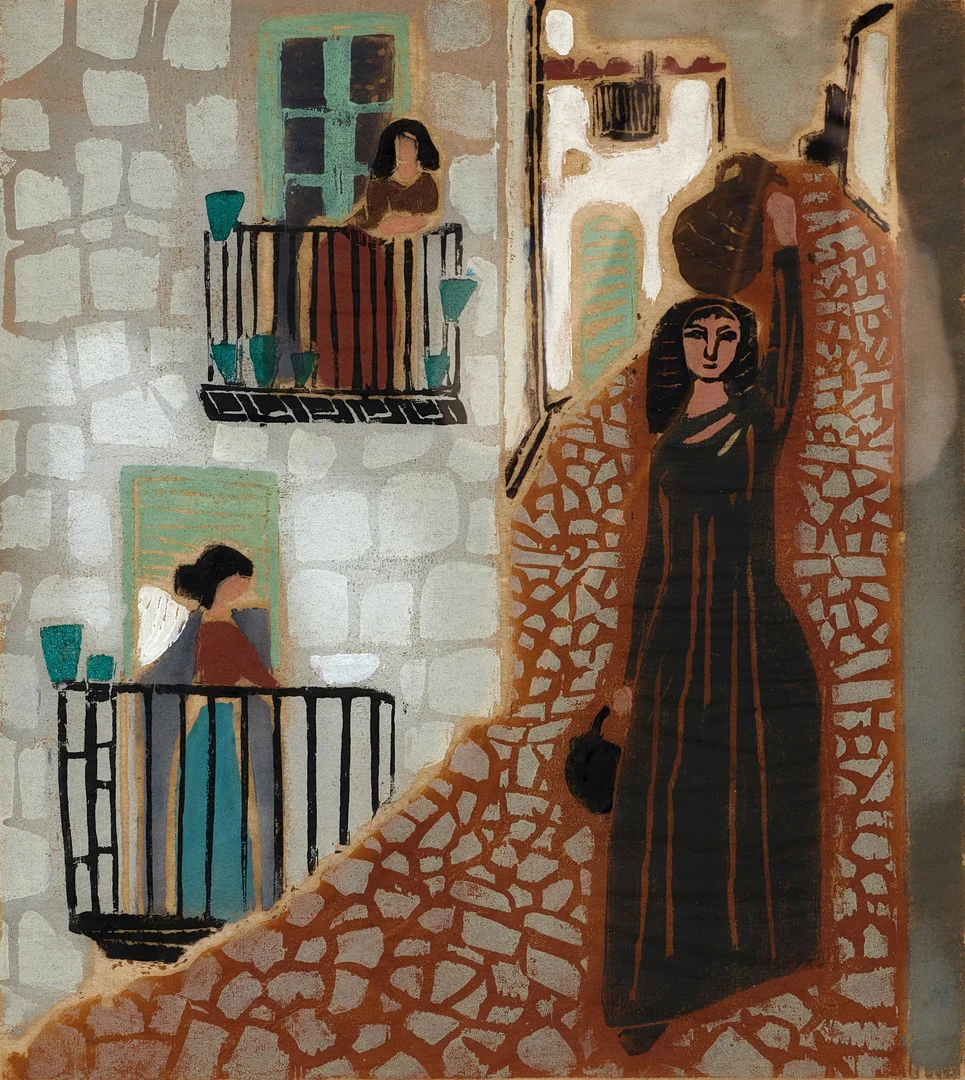 GUNNEL FRIEBERG (1919-2010), Gata i Ibiza, signerad och daterad i blyerts 52, eget tryck 8/35, färgträsnitt. — Engravings & Prints — Crafoord Auktioner Stockholm